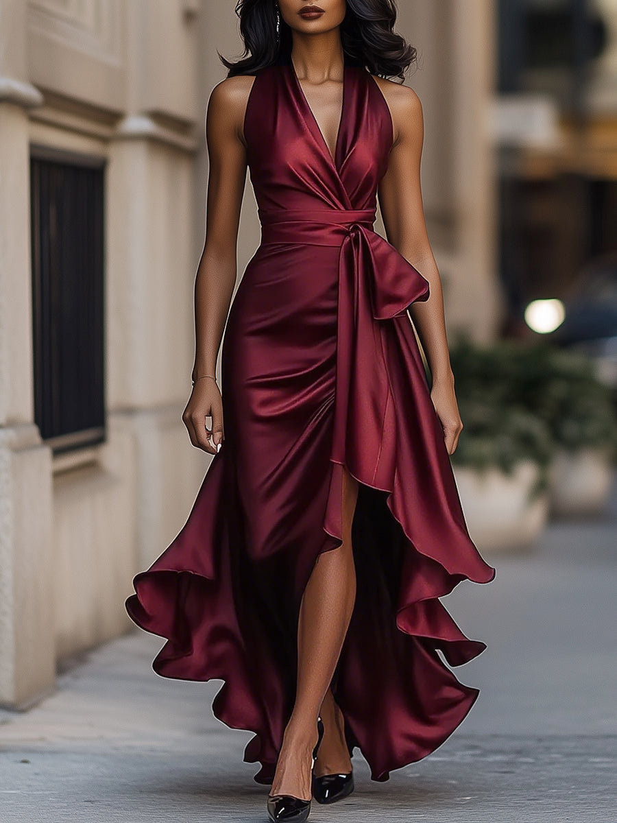 Aveline | Evening Dress Elegant Satin Wrap High Slit Maxi 6