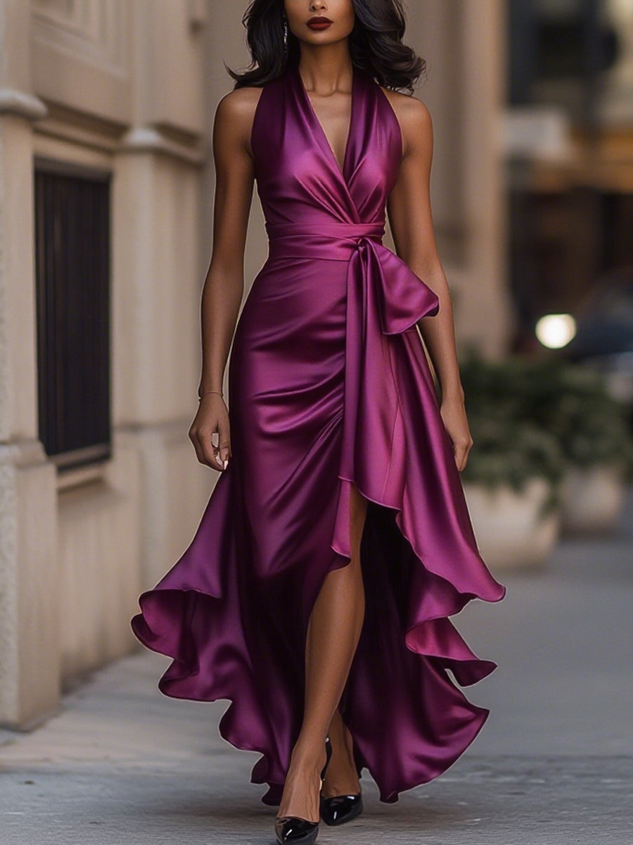 Aveline | Evening Dress Elegant Satin Wrap High Slit Maxi 9