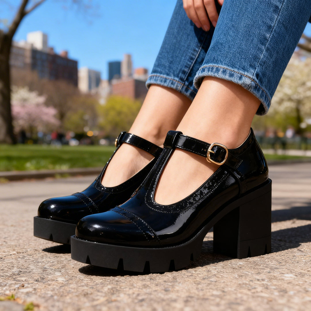 Bethany | Elegant T-Strap Brogue Block Heel Mary Jane Shoes 7