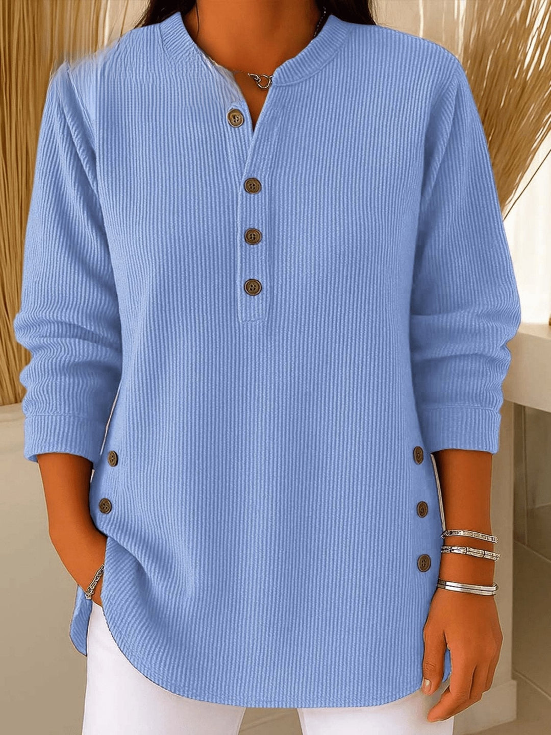 Camila | Comfortable And Warm Longline Henley Ribbed Tunic Top 0