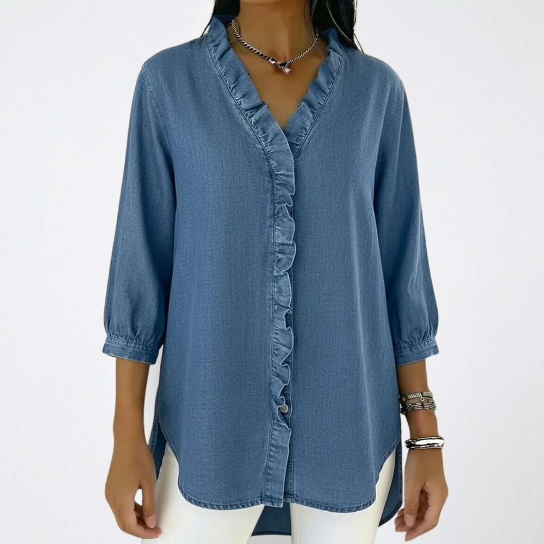 Celia | Elegant Loose Fit White Blouse with Ruffle Details 0