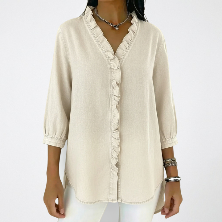 Celia | Elegant Loose Fit White Blouse with Ruffle Details 8