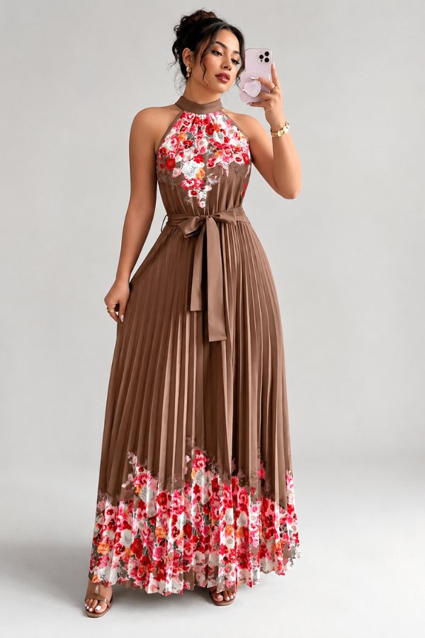 Charlie | Floral Pleated Halter Midi Dress 11