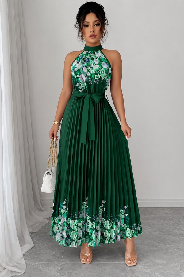 Charlie | Floral Pleated Halter Midi Dress 14