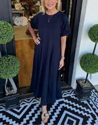 Emily| Abito lungo navy elegante con maniche a sbuffo