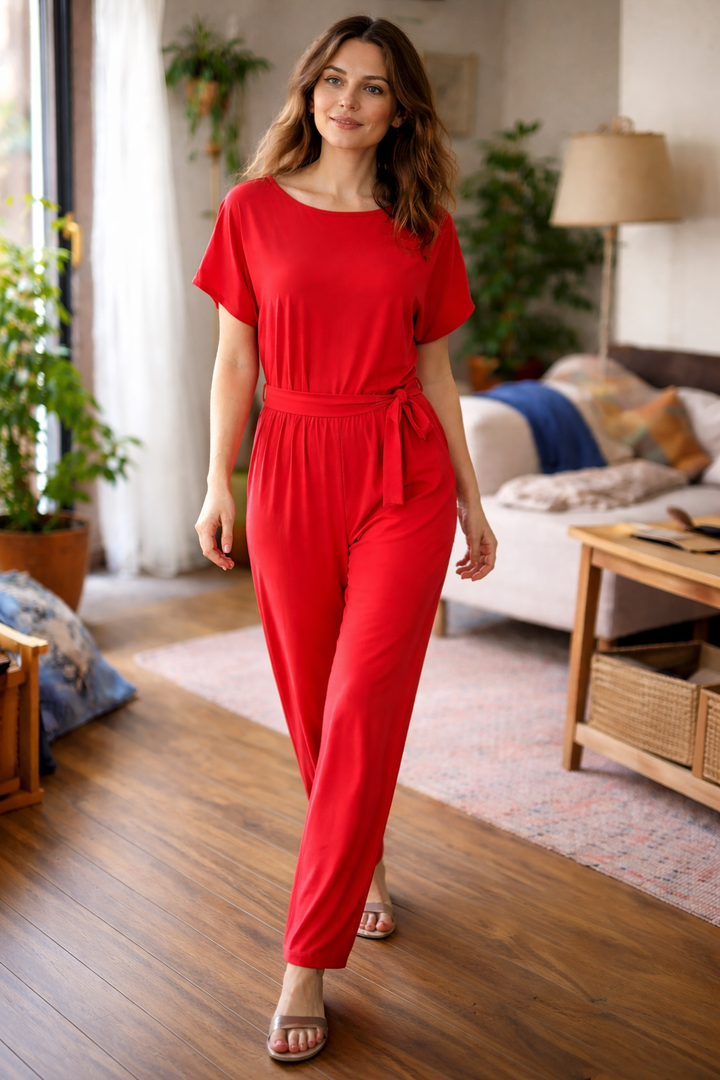 Dara | Women's Jumpsuit Elegant Wide Leg Tie Belt Short Sleeve 0