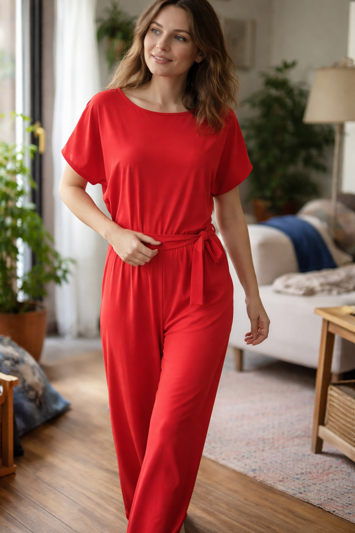 Dara | Women's Jumpsuit Elegant Wide Leg Tie Belt Short Sleeve 1