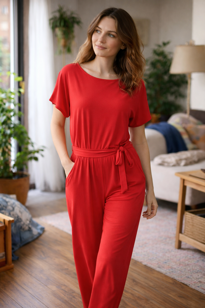 Dara | Women's Jumpsuit Elegant Wide Leg Tie Belt Short Sleeve 2