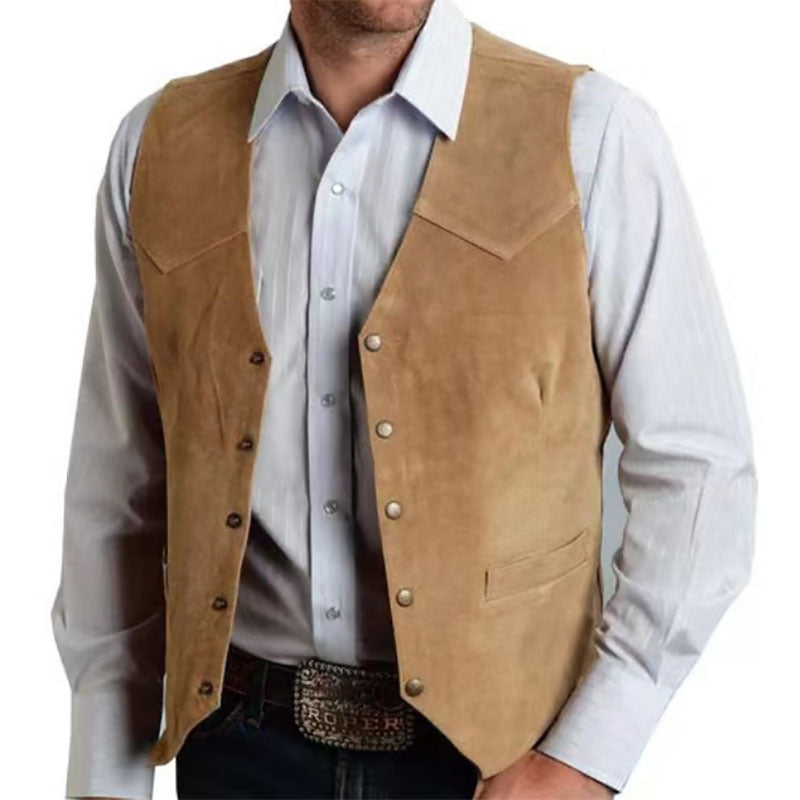 Drune | Slim Fit Vest with Suede Look, Metal Buttons, Western Details 0