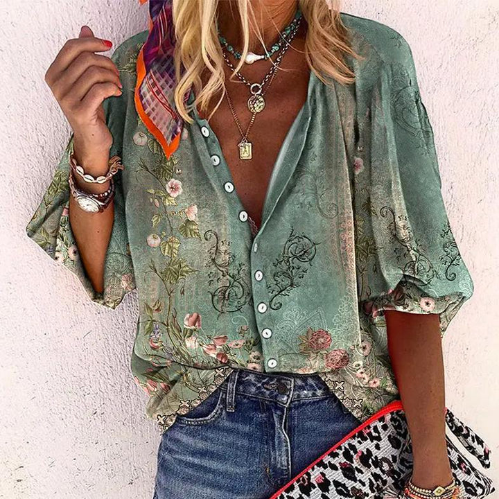 Eloise | Vibrant Boho Print V-Neck Blouse 0
