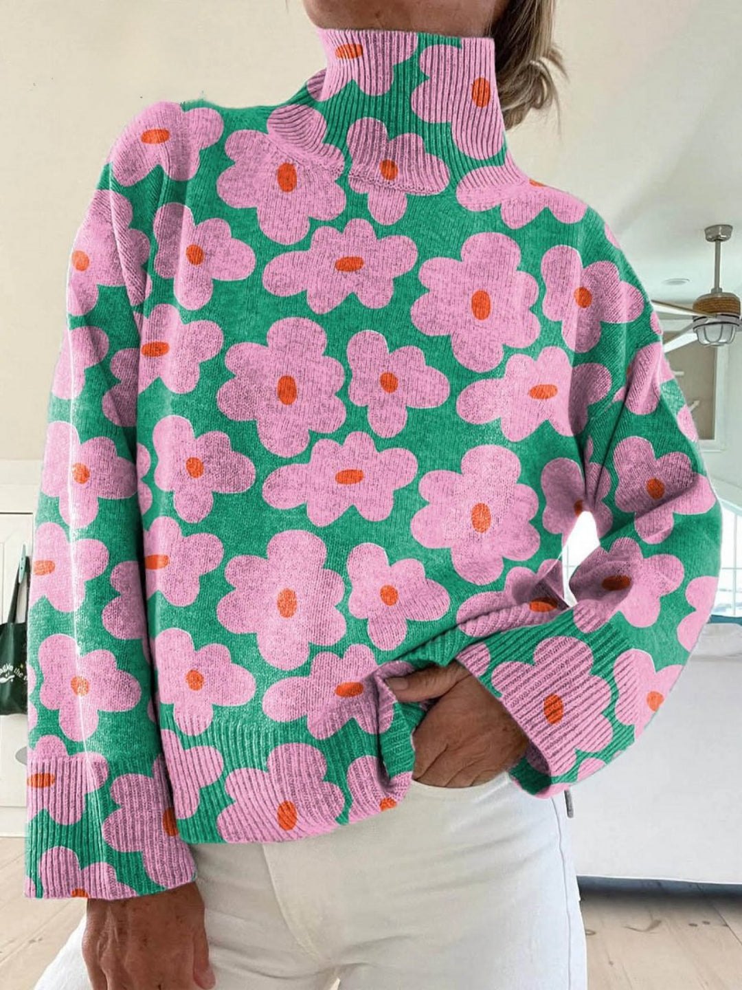 Evelyn | Women's Floral Turtleneck Sweater Ribbed Knit Long Sleeve 0