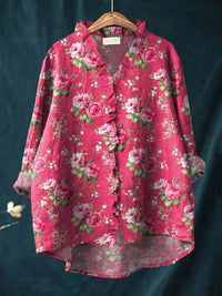Gabriele | Romantic Floral Linen Ruffle Button-Down Blouse