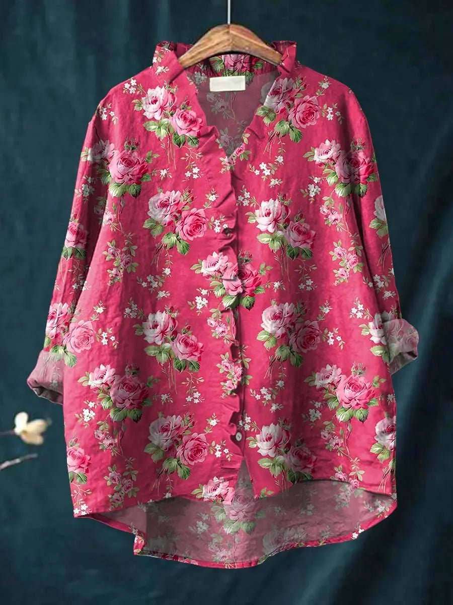Lily | Beautiful And Airy Floral Ruffle-Trim Linen Blouse 0