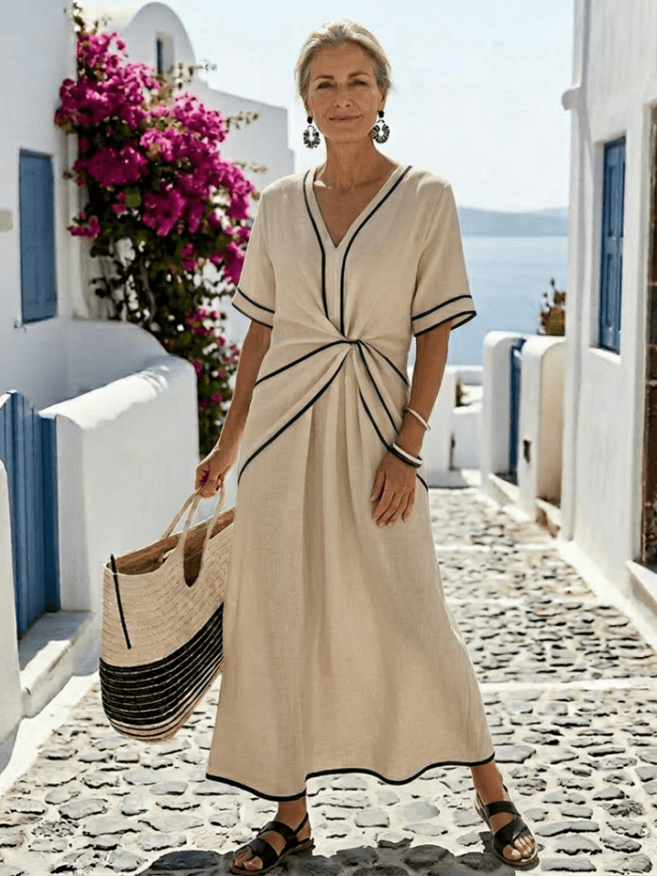Linae | Elegant White Midi Dress with Short Sleeves for Women 3
