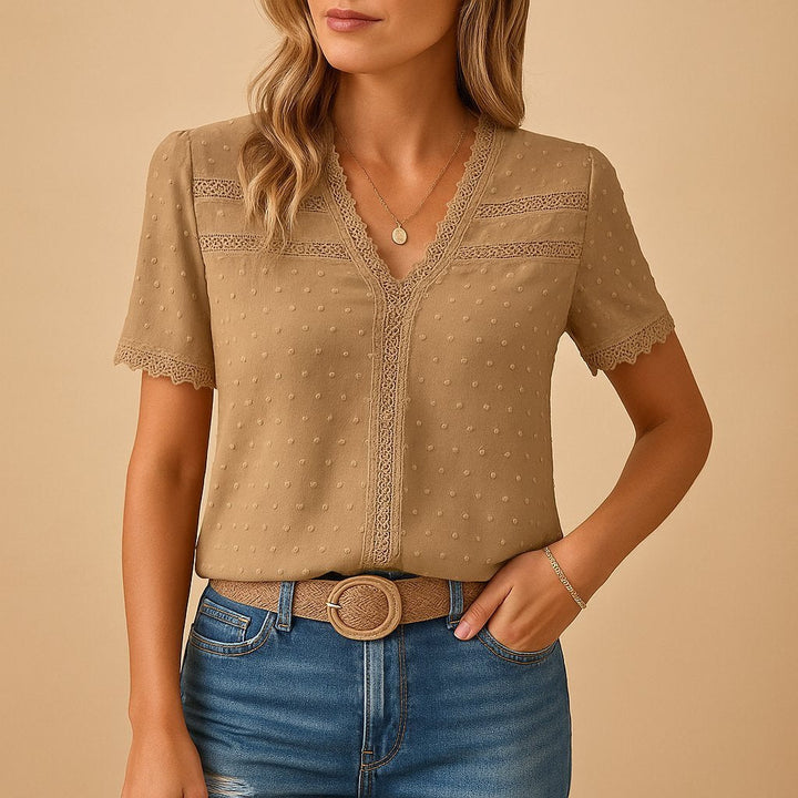 Martina | Elegant And Romantic Swiss Dot Lace-Trim Blouse 0