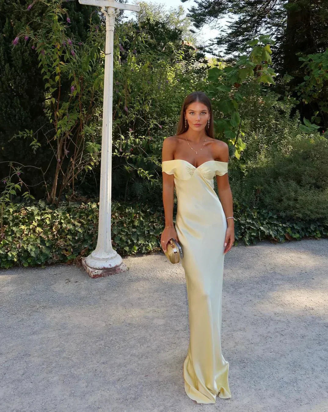 Maya | Elegant Satin Off-The-Shoulder Wedding Guest Dress 1