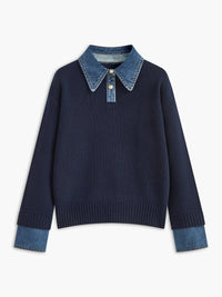 Elizabeth | Trendy Denim-Collar Knit Polo Sweater