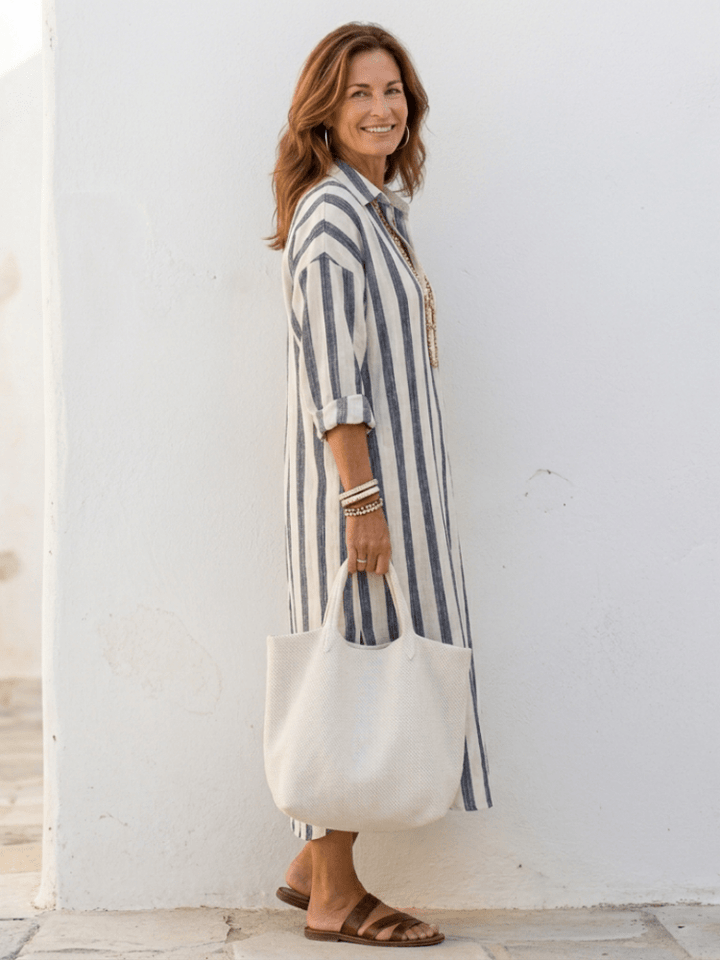 Nora | Elegant Striped Women’s Dress – Relaxed Fit Long Sleeve Midi Style 1