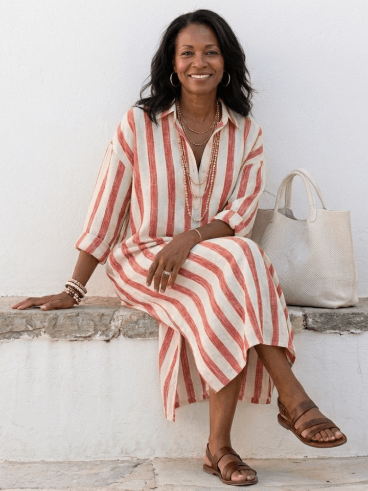 Nora | Elegant Striped Women’s Dress – Relaxed Fit Long Sleeve Midi Style 5