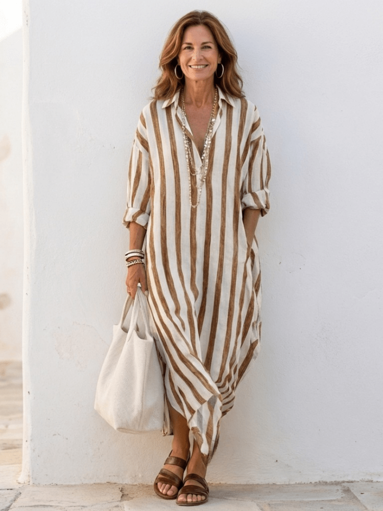 Nora | Elegant Striped Women’s Dress – Relaxed Fit Long Sleeve Midi Style 6