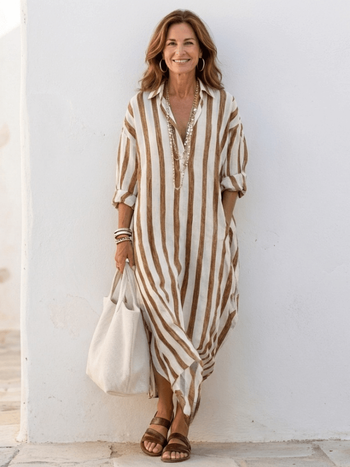Nora | Elegant Striped Women’s Dress – Relaxed Fit Long Sleeve Midi Style 6