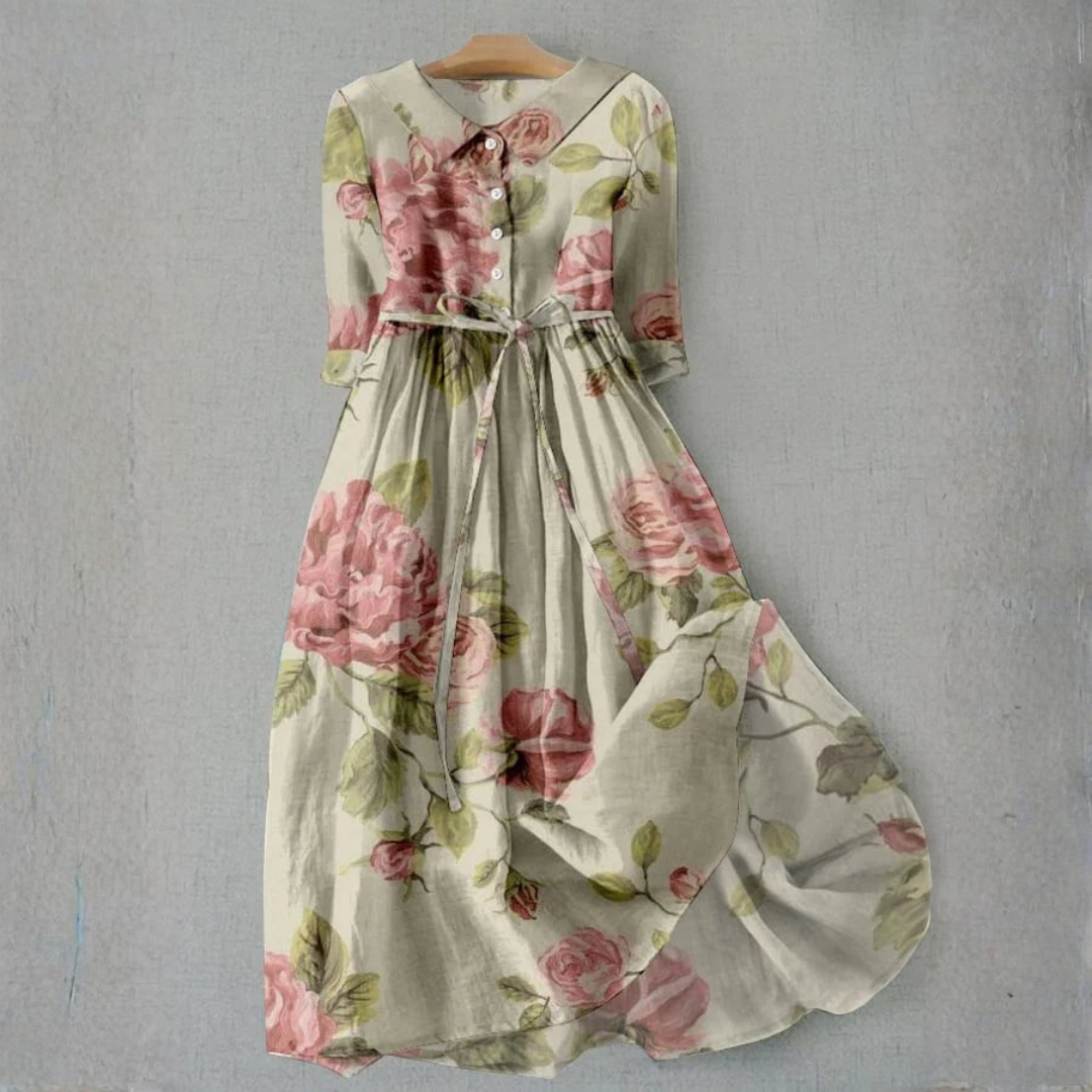 Rosa Belle | Elegant Midi Dress for Women – Vintage Rose Print, Perfect for Wedding Guests & Summer Events 0