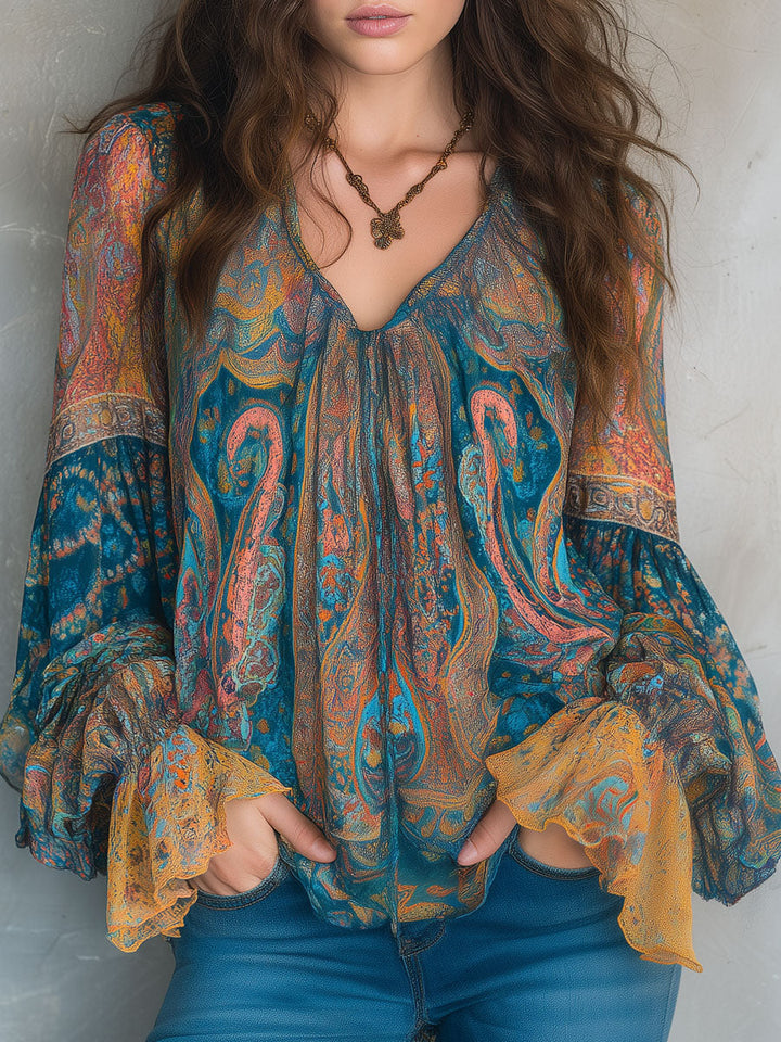 Sarina | Chiffon Blouse Ruffled Cuffs Paisley Flowing Fit 0