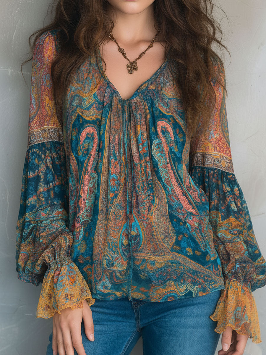 Sarina | Chiffon Blouse Ruffled Cuffs Paisley Flowing Fit 1