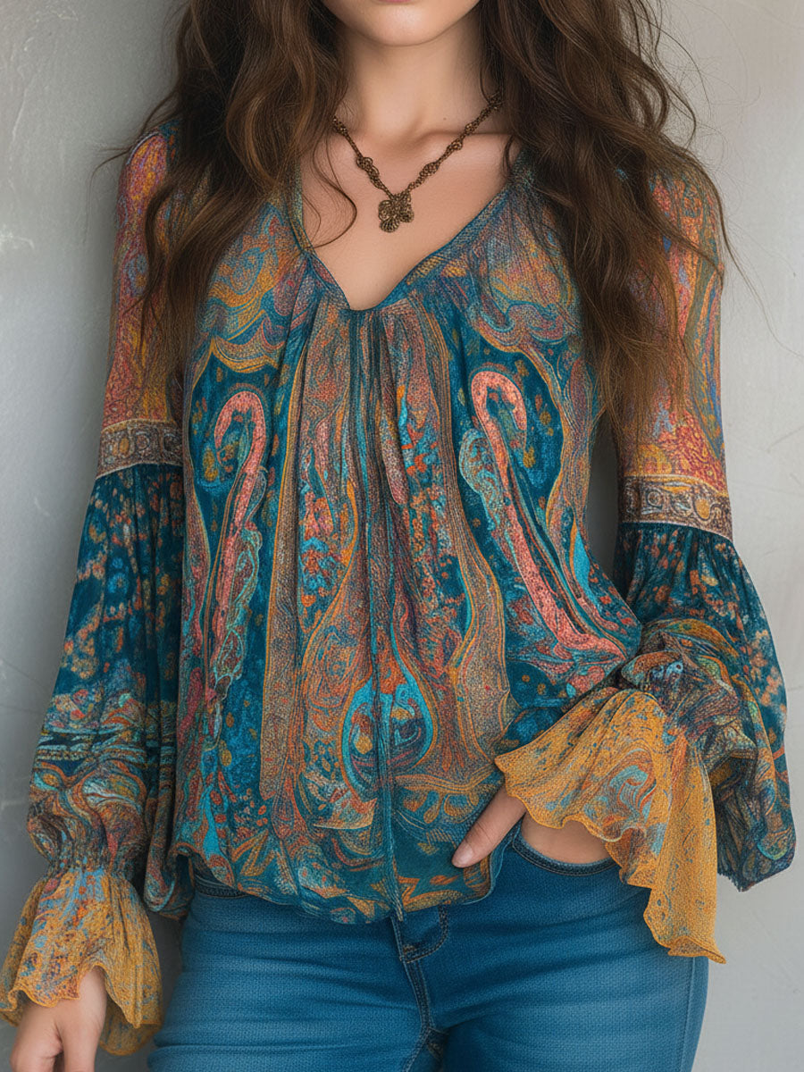 Sarina | Chiffon Blouse Ruffled Cuffs Paisley Flowing Fit 2