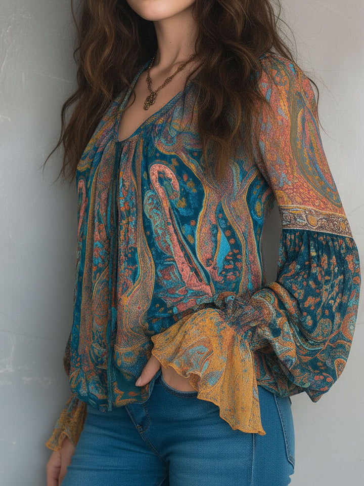 Sarina | Chiffon Blouse Ruffled Cuffs Paisley Flowing Fit 3