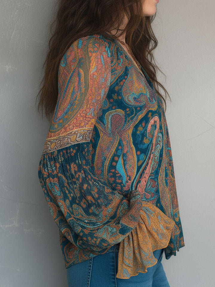 Sarina | Chiffon Blouse Ruffled Cuffs Paisley Flowing Fit 4