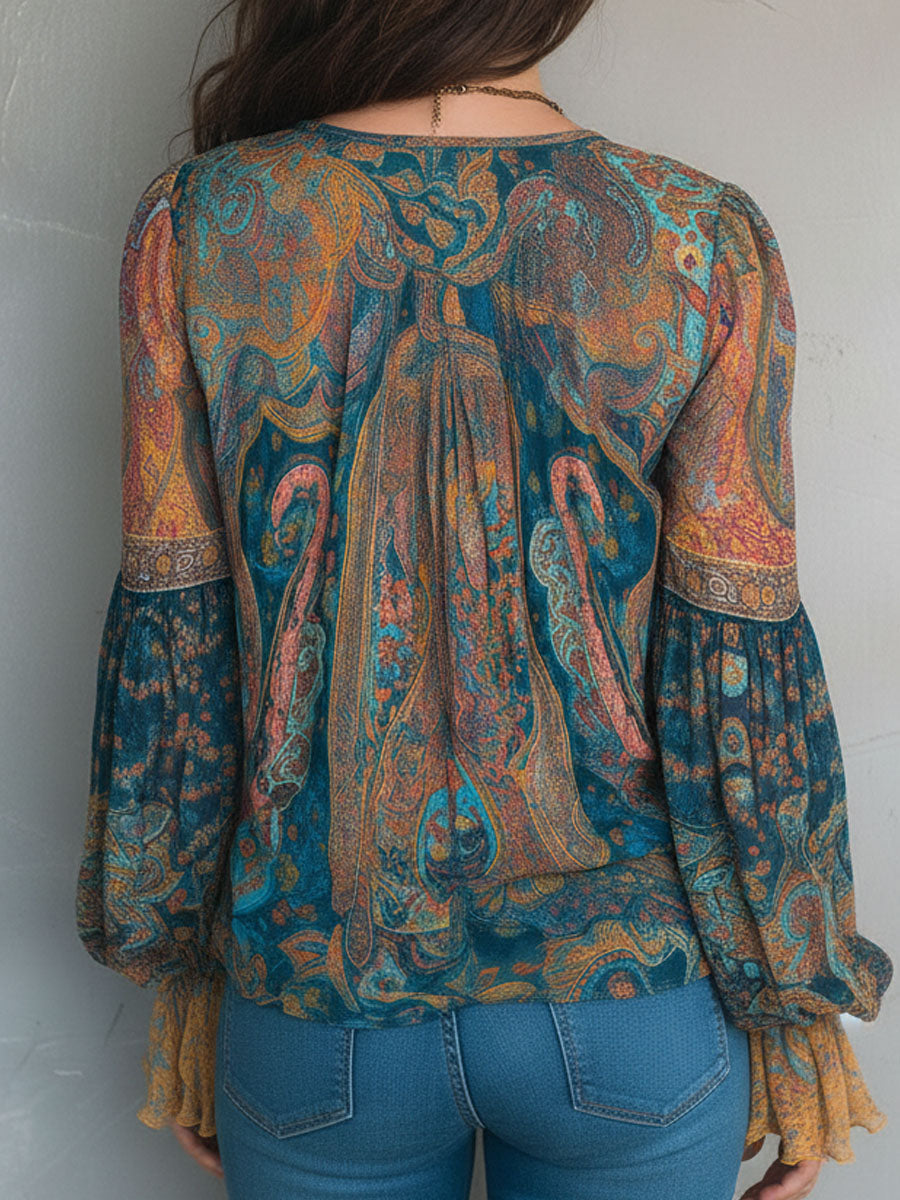 Sarina | Chiffon Blouse Ruffled Cuffs Paisley Flowing Fit 5