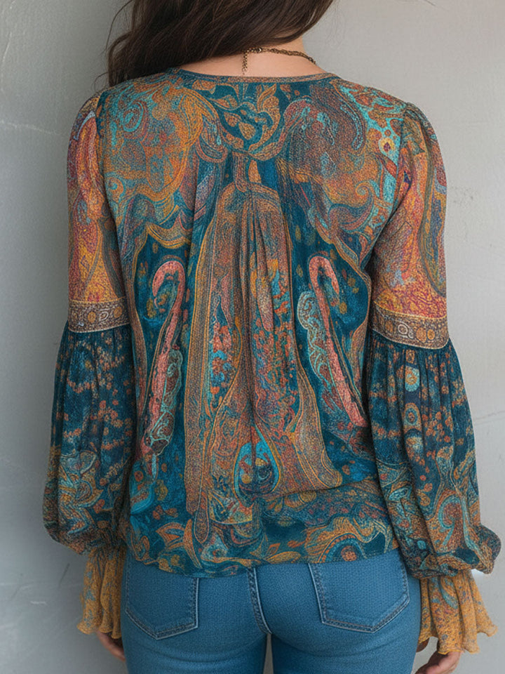 Sarina | Chiffon Blouse Ruffled Cuffs Paisley Flowing Fit 5