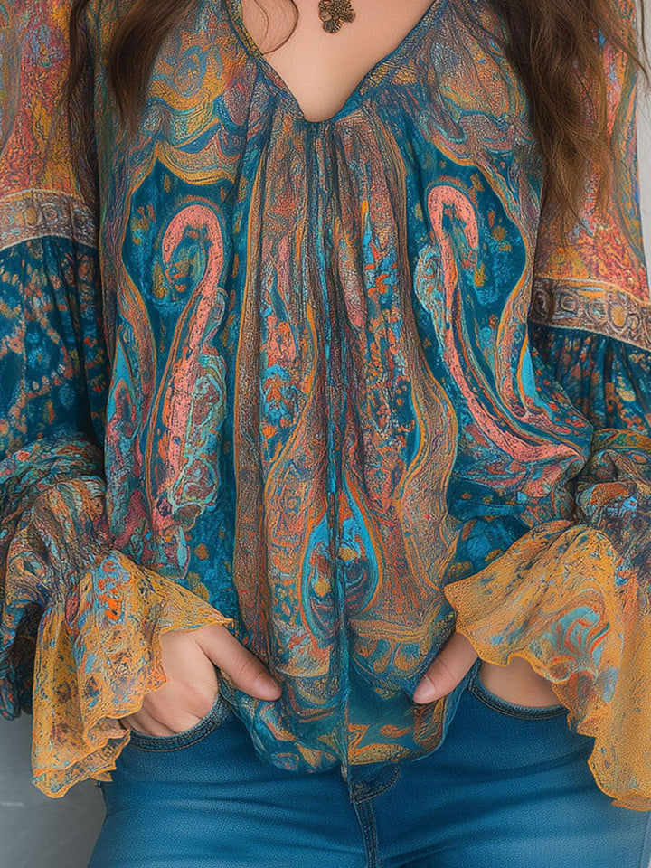 Sarina | Chiffon Blouse Ruffled Cuffs Paisley Flowing Fit 7