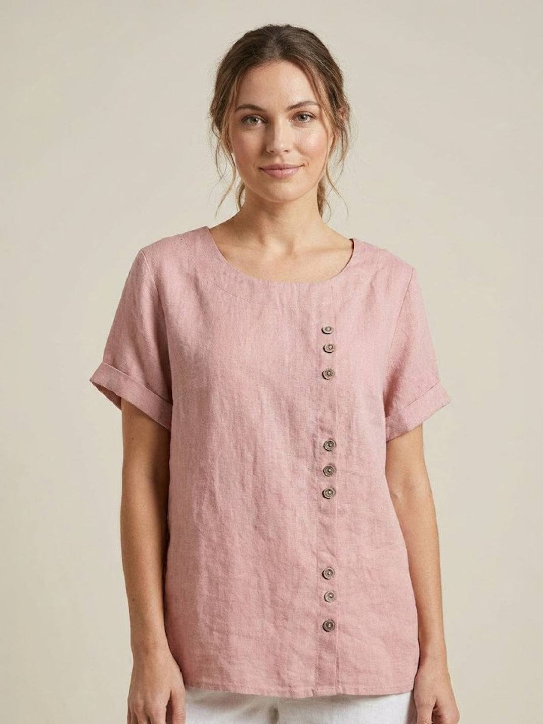 Taylor | Women’s Linen Round Neck Button Blouse 16