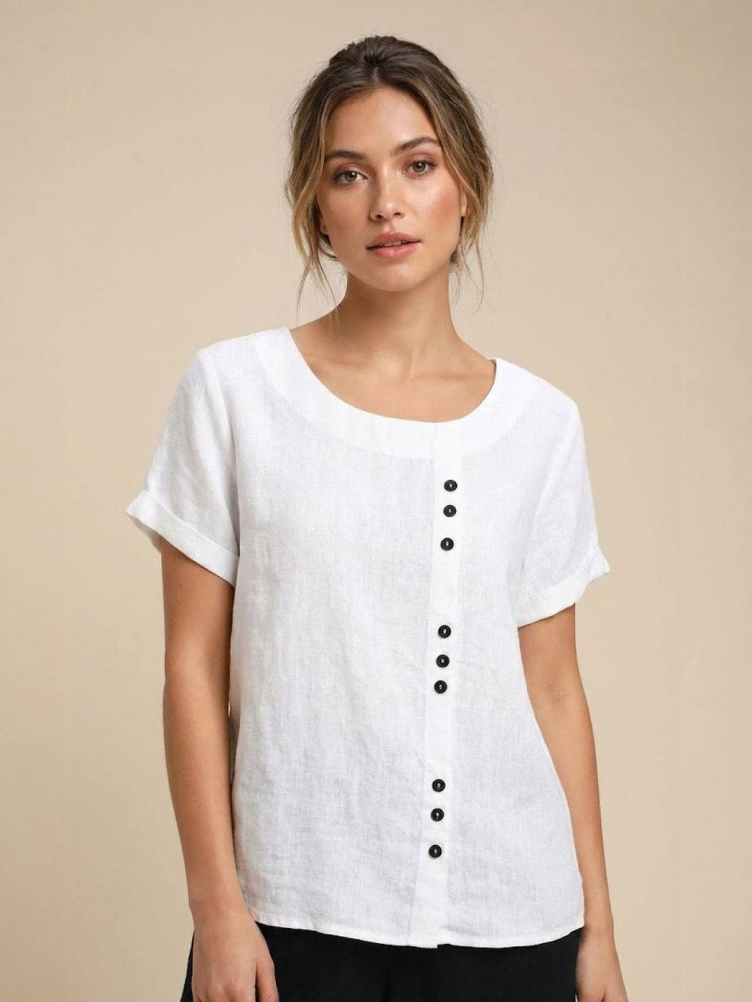 Taylor | Women’s Linen Round Neck Button Blouse 19