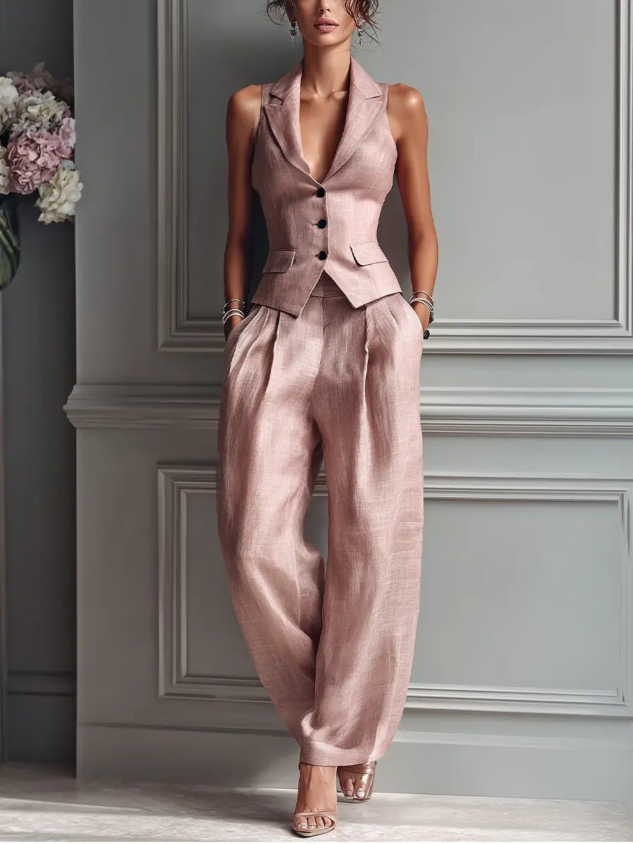 Victoria | Elegant And Tailored Vest Linen Two Piece Set 0