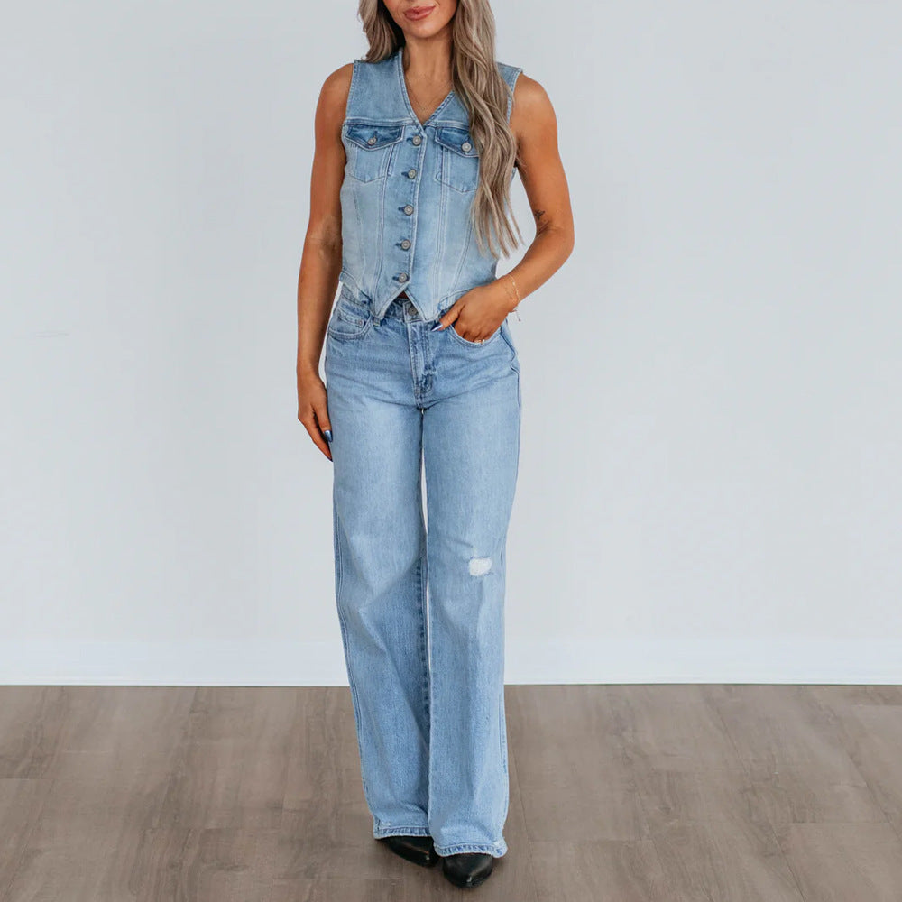 Women's denim vest with button placket and modern cut details. 3