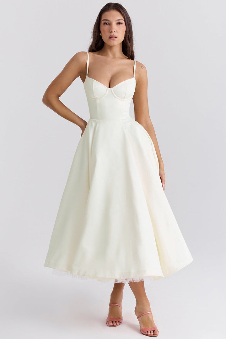 Yliana | Elegant White Summer Dress – Romantic Bustier & Playful High-Low Tulle Midi Dress for Wedding Guests 4
