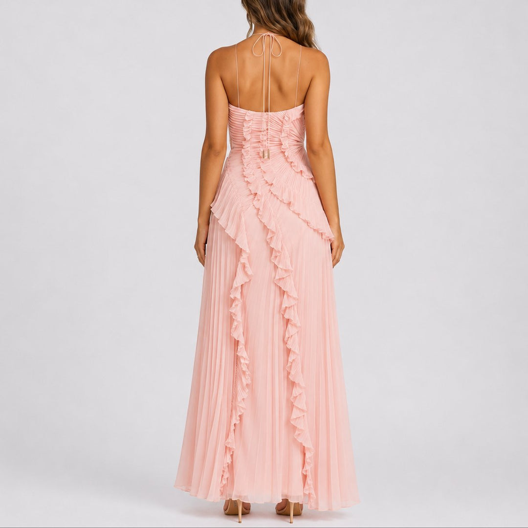 Beatrice | Fall Wedding Pleated Ruffle Halter Maxi Dress