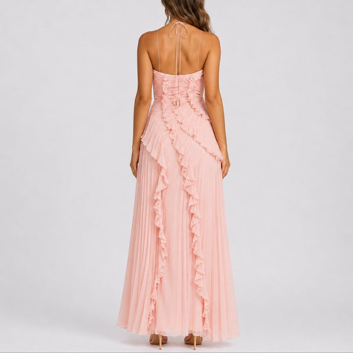 Beatrice | Fall Wedding Pleated Ruffle Halter Maxi Dress