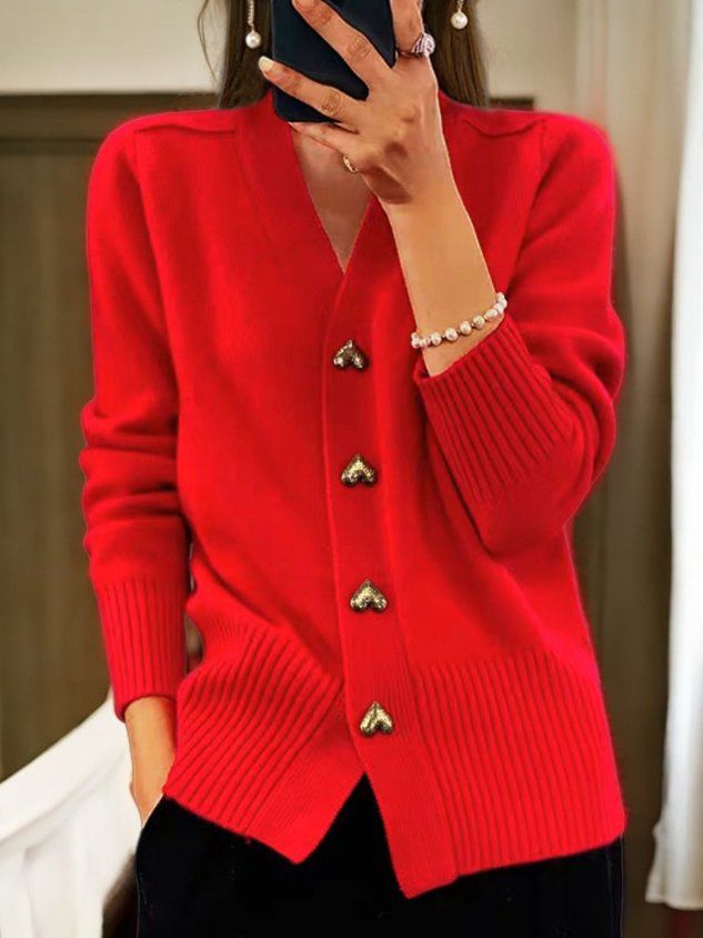 Chloe | Charming Heart-Button V-Neck Knit Cardigan