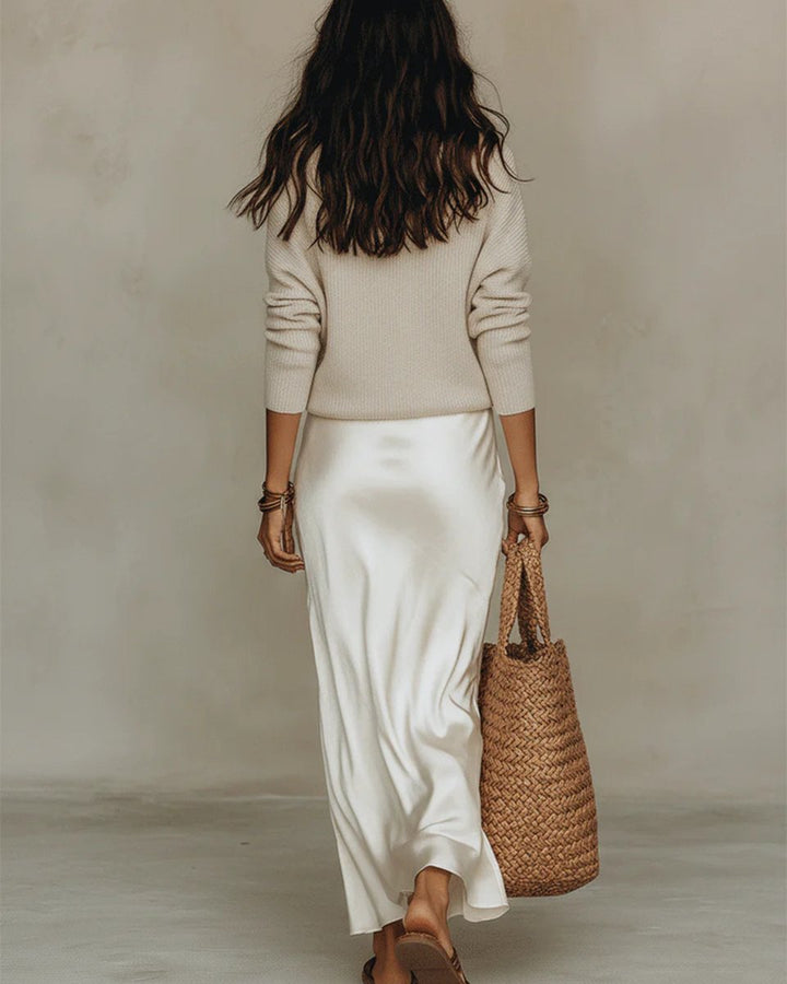 Natalie | Elegant Long-Sleeved Midi Dress with Satin and Knit