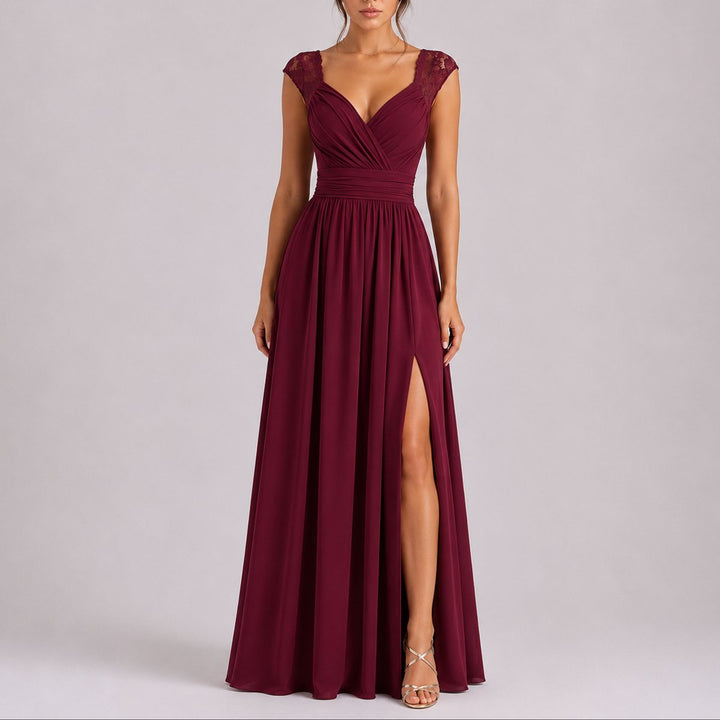Isabella | Elegant Fall Wedding Lace Shoulder Wrap Maxi Dress