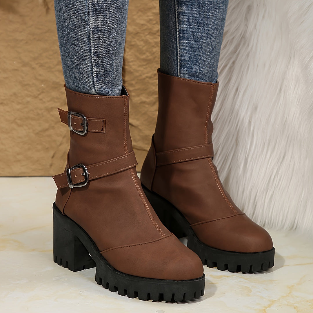 Olivia | Modern Block Heel Ankle Boots With Buckle Strap Details