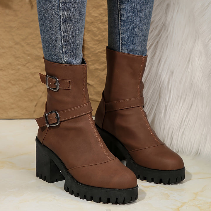 Olivia | Modern Block Heel Ankle Boots With Buckle Strap Details