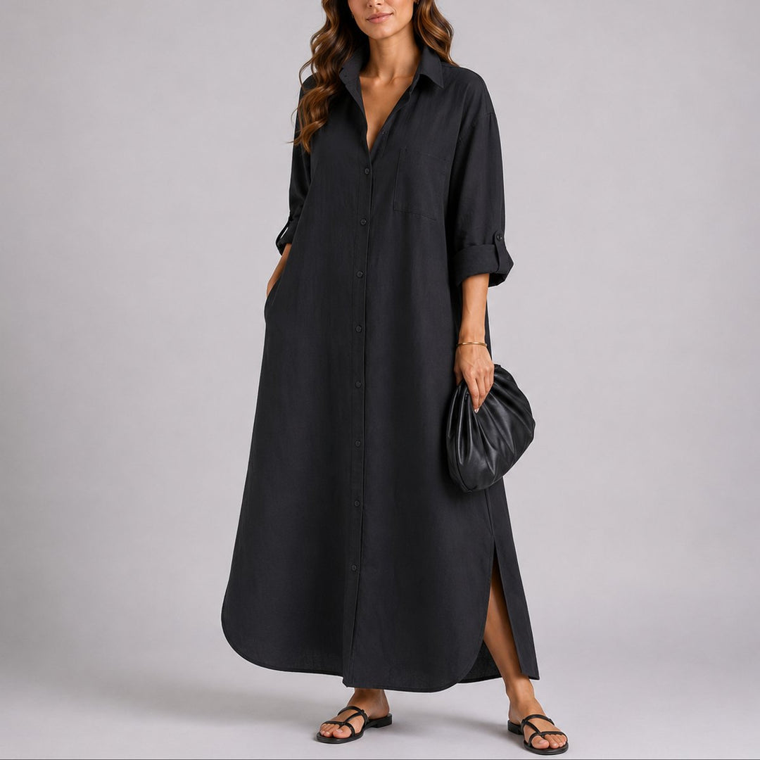 Beatrice | Lässiges Oversize-Leinen-Maxikleid mit Knopfleiste für Herbsthochzeiten