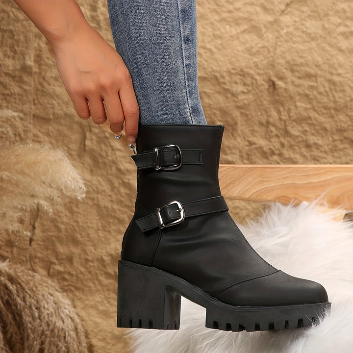 Olivia | Modern Block Heel Ankle Boots With Buckle Strap Details