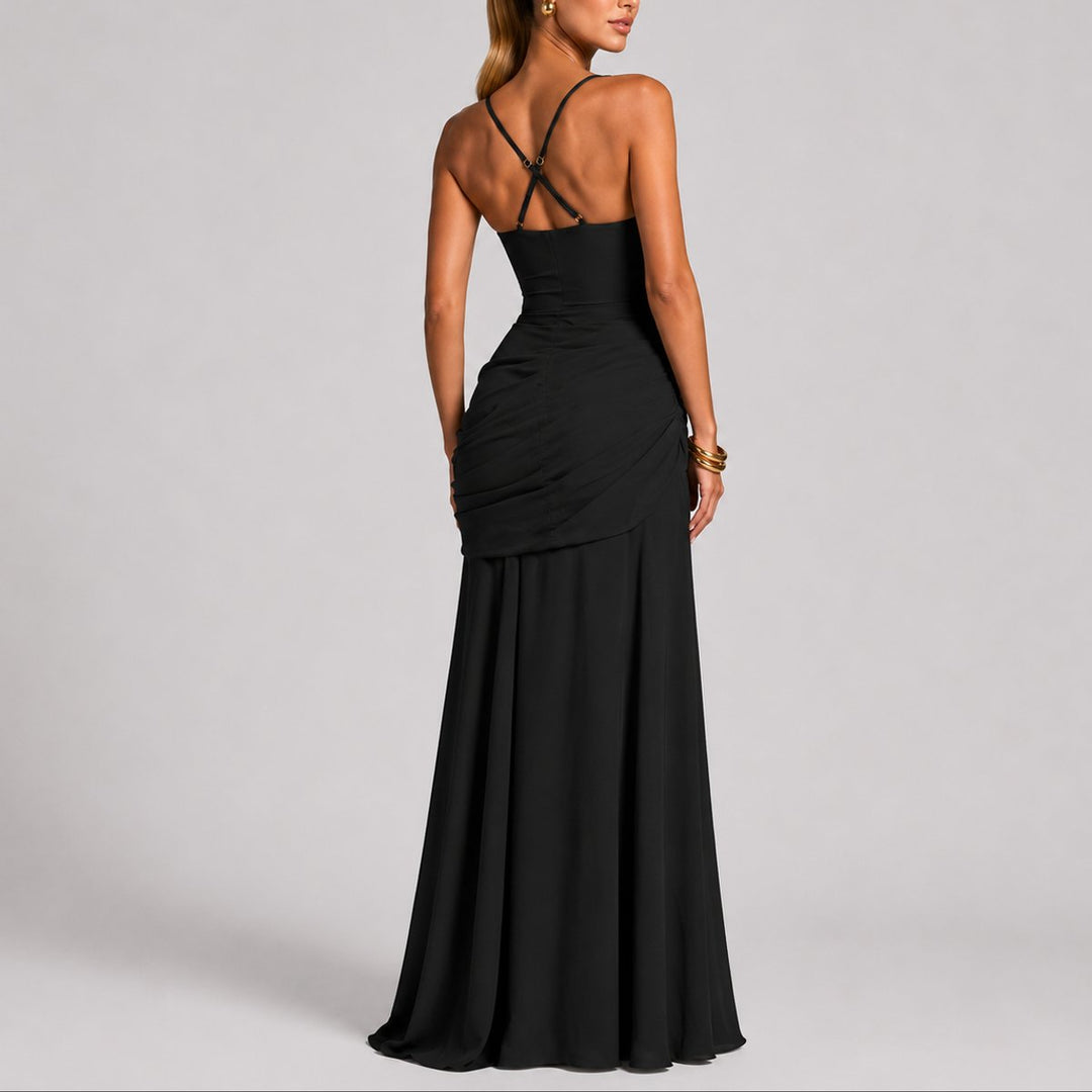 Victoria | Robe longue tendance froncée à col carré pour mariage d’automne