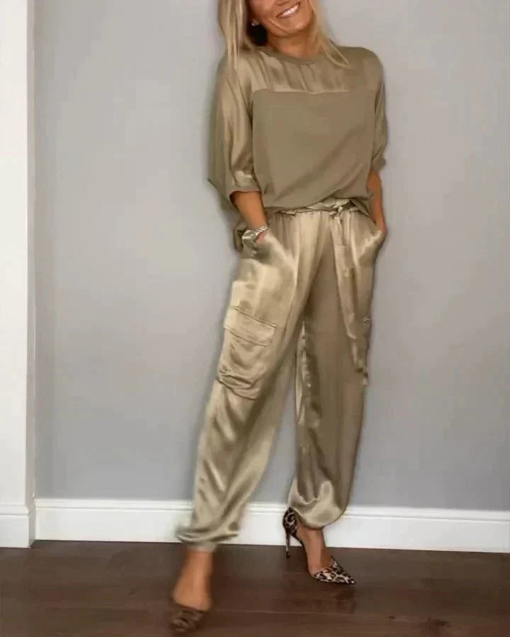 Genevieve | Luxurious Satin Half-Sleeve Two Piece Set